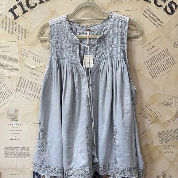 Free People Love All Mini Dress Floral Embroidery Silver Pleated Wash Blue - Picture 2 of 6